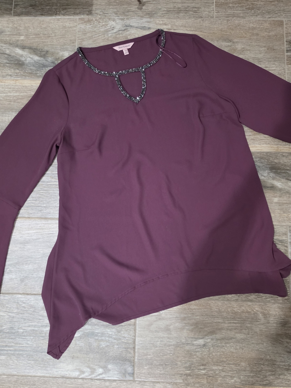 Juicy Couture Long Sleeve Jeweled Neck Asymmetrical Tunic - Plum Size Medium